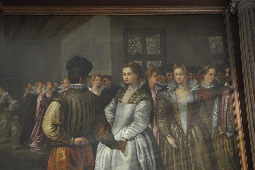 Important antique carved walnut fireplace with painting from the 17th century after Giovanni Andrea CASELLA-3