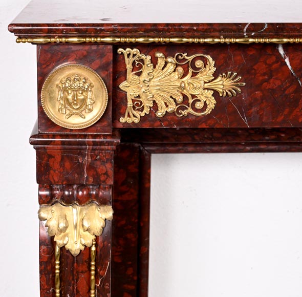 Empire Fireplace in Griotte Red Marble with Gilt Bronze-3