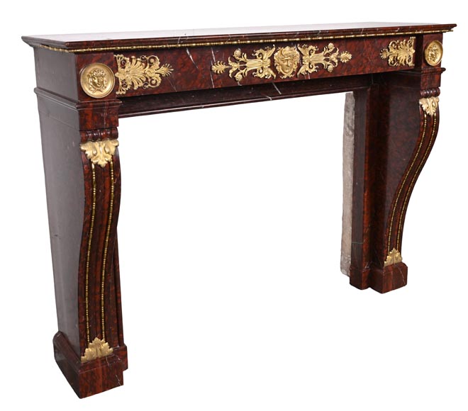 Empire Fireplace in Griotte Red Marble with Gilt Bronze-6