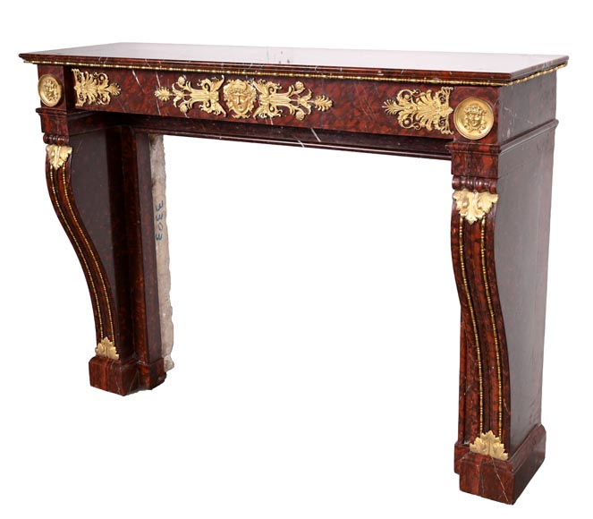 Empire Fireplace in Griotte Red Marble with Gilt Bronze-10