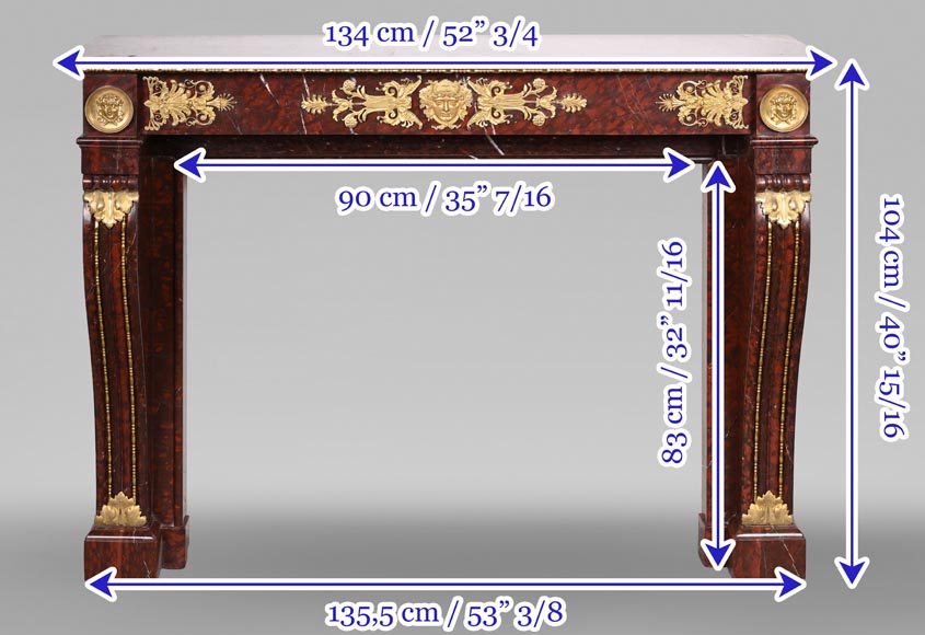 Empire Fireplace in Griotte Red Marble with Gilt Bronze-13