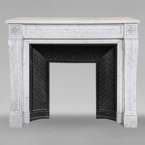 Louis XVI style mantel in veined Carrara marble with pearl entablature