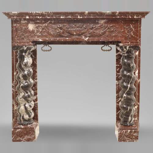 Antique Napoleon III style fireplace with salomonic columns made of Red Marble and Black Marquina Marble