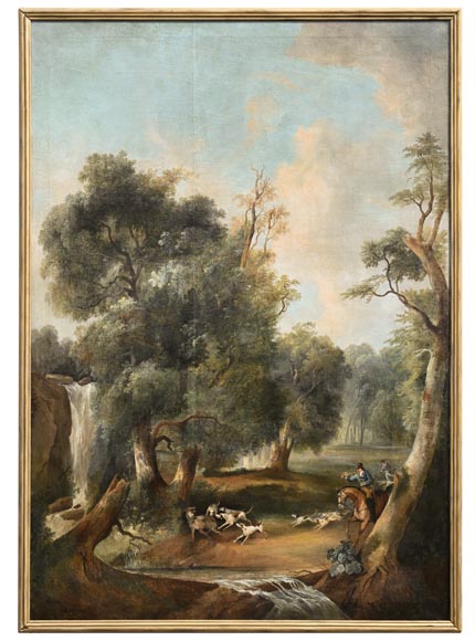 Oak panelling painted with ten pictures of hunting scenes by A. Chaintieuil in a house in central France, 1827-1