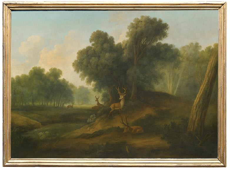 Oak panelling painted with ten pictures of hunting scenes by A. Chaintieuil in a house in central France, 1827-6