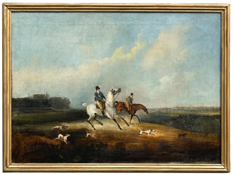 Oak panelling painted with ten pictures of hunting scenes by A. Chaintieuil in a house in central France, 1827-7