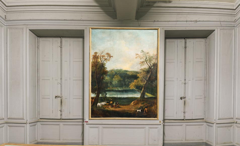 Oak panelling painted with ten pictures of hunting scenes by A. Chaintieuil in a house in central France, 1827-11