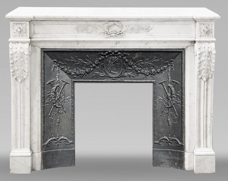 Louis XVI style fireplace decorated with a laurel wreath, in Carrara marble-0