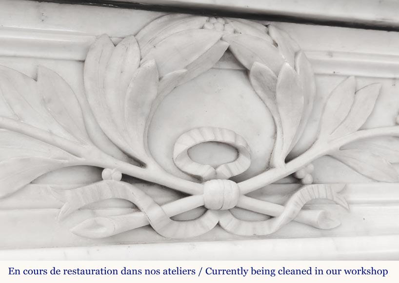 Louis XVI style fireplace decorated with a laurel wreath, in Carrara marble-2