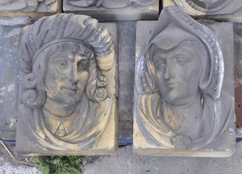 Series of sculpted face and decorative elements in Sun stone of the Ardennes, late 19th century-2