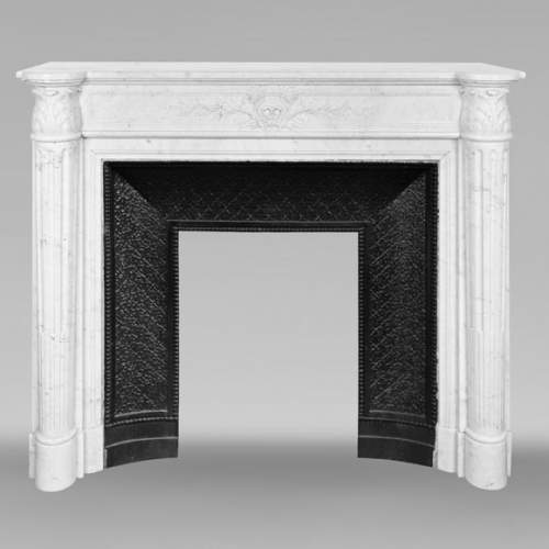 Louis XVI style fireplace in Carrara marble, with a half-column and laurel wreath