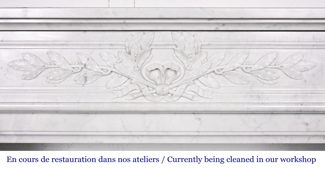 Louis XVI style fireplace in Carrara marble, with a half-column and laurel wreath-1