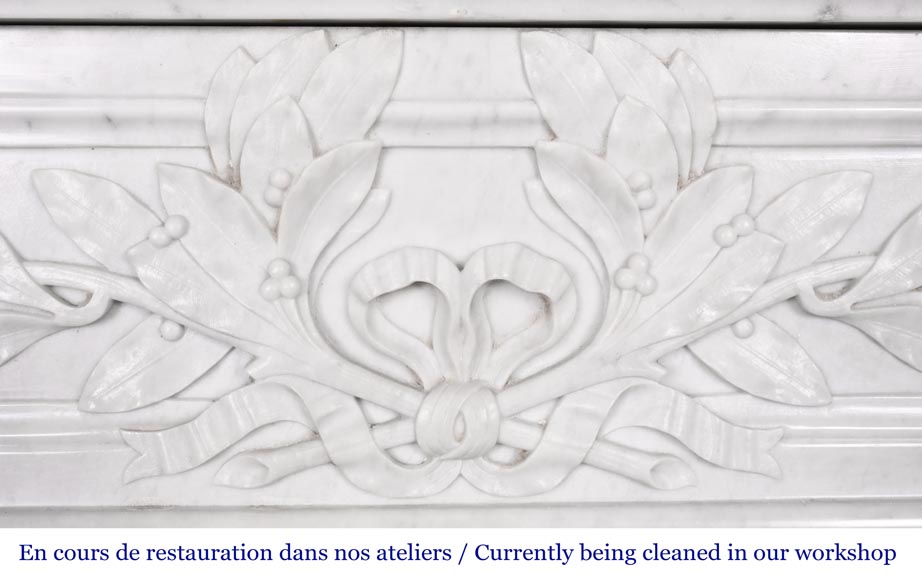 Louis XVI style fireplace in Carrara marble, with a half-column and laurel wreath-3