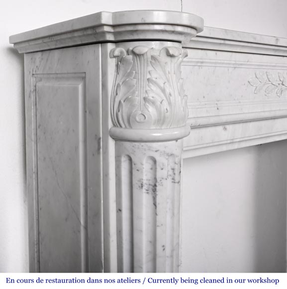 Louis XVI style fireplace in Carrara marble, with a half-column and laurel wreath-6
