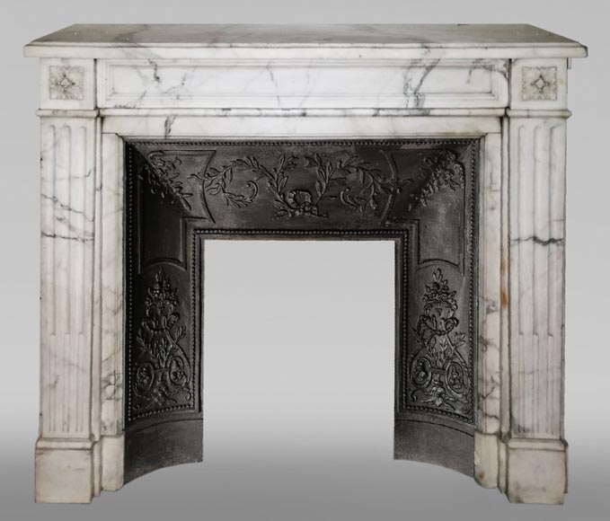 Antique Louis XVI style fireplace with rosette in Arabescato marble-0