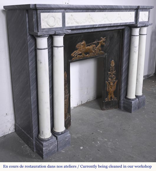  Empire style fireplace in blue Turquin marble with statuary marble columns-3