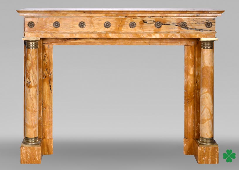 Empire style fireplace in Sienna yellow marble with columns and gilt bronze rosettes-0