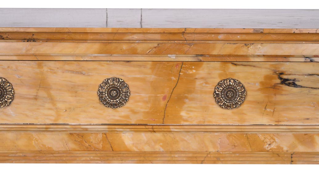Empire style fireplace in Sienna yellow marble with columns and gilt bronze rosettes-1