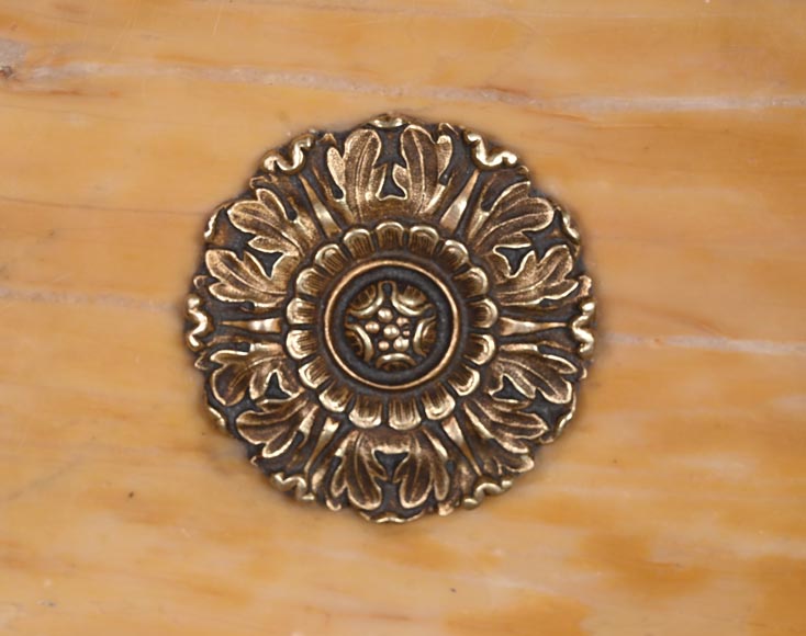 Empire style fireplace in Sienna yellow marble with columns and gilt bronze rosettes-2