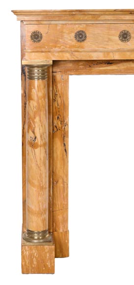 Empire style fireplace in Sienna yellow marble with columns and gilt bronze rosettes-3
