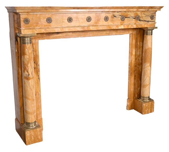 Empire style fireplace in Sienna yellow marble with columns and gilt bronze rosettes-6