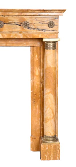 Empire style fireplace in Sienna yellow marble with columns and gilt bronze rosettes-7