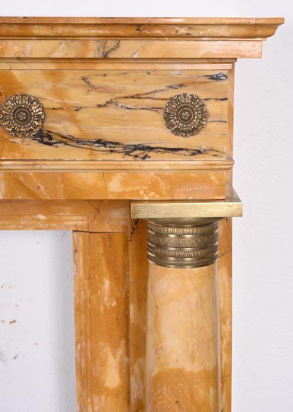 Empire style fireplace in Sienna yellow marble with columns and gilt bronze rosettes-8