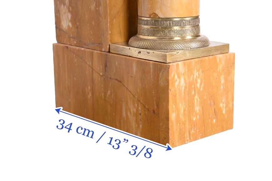 Empire style fireplace in Sienna yellow marble with columns and gilt bronze rosettes-10