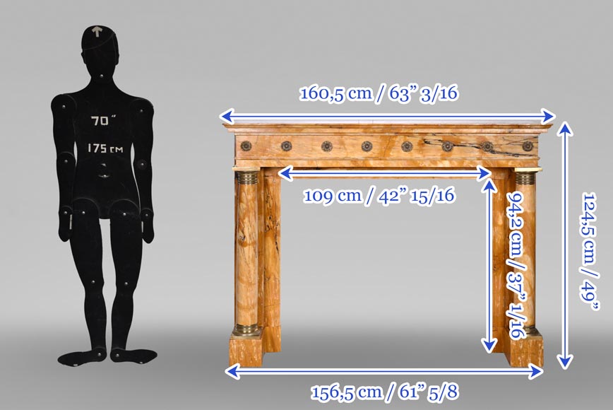 Empire style fireplace in Sienna yellow marble with columns and gilt bronze rosettes-12