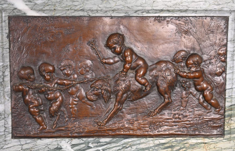 Campan marble fireplace in the Louis XIV style, with bronzes after Clodion-5