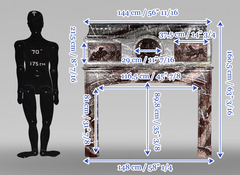 Campan marble fireplace in the Louis XIV style, with bronzes after Clodion-14