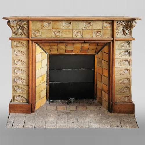 Gentil & Bourdet (attributed to), Antique Art Nouveau oak and stoneware mantel