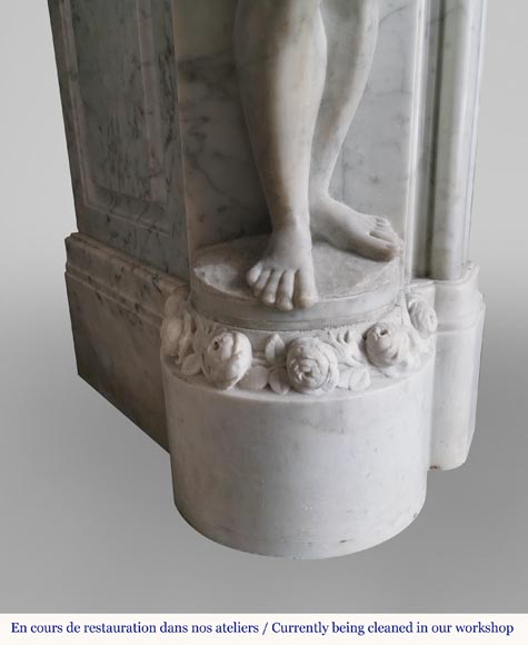 Rich and original Napoleon III fireplace in Carrara marble with caryatids and a man's profile-8
