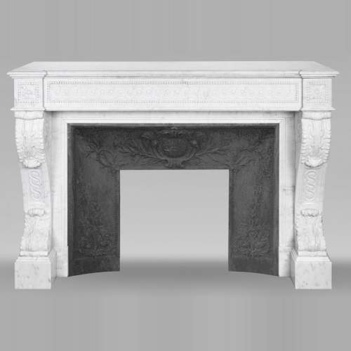 Napoleon III style scroll fireplace, richly sculpted, in Carrara marble