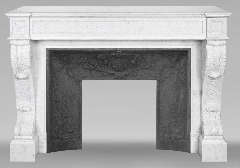 Napoleon III style scroll fireplace, richly sculpted, in Carrara marble Napoleon III style scroll fireplace, richly sculpted, in Carrara marble-0