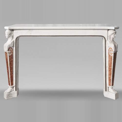 Statuary marble fireplace with caryatids and Brocatelle marble veneer
