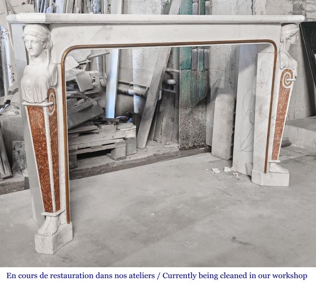 Statuary marble fireplace with caryatids and Brocatelle marble veneer Statuary marble fireplace with caryatids and Brocatelle marble veneer-2
