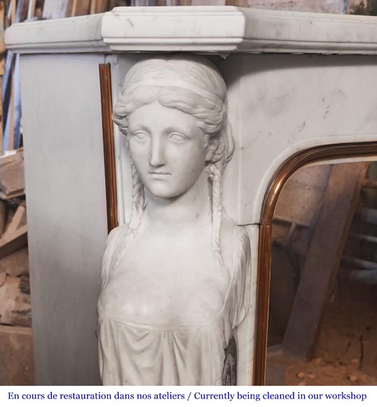 Statuary marble fireplace with caryatids and Brocatelle marble veneer Statuary marble fireplace with caryatids and Brocatelle marble veneer-3