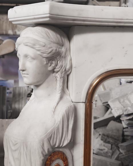 Statuary marble fireplace with caryatids and Brocatelle marble veneer Statuary marble fireplace with caryatids and Brocatelle marble veneer-4