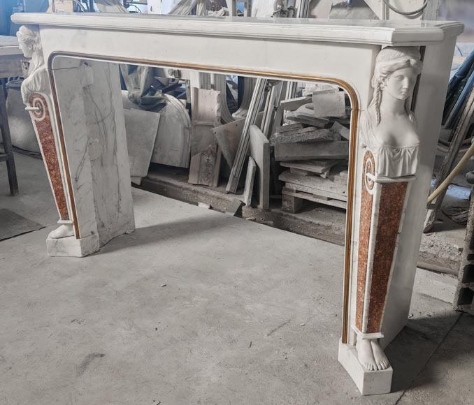 Statuary marble fireplace with caryatids and Brocatelle marble veneer Statuary marble fireplace with caryatids and Brocatelle marble veneer-6