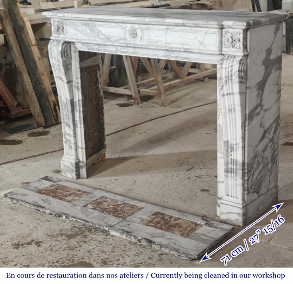 Louis XVI style fireplace decorated with a sunflower, in Arabescato marble-5