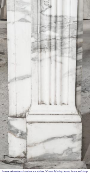 Louis XVI style fireplace decorated with a sunflower, in Arabescato marble-7