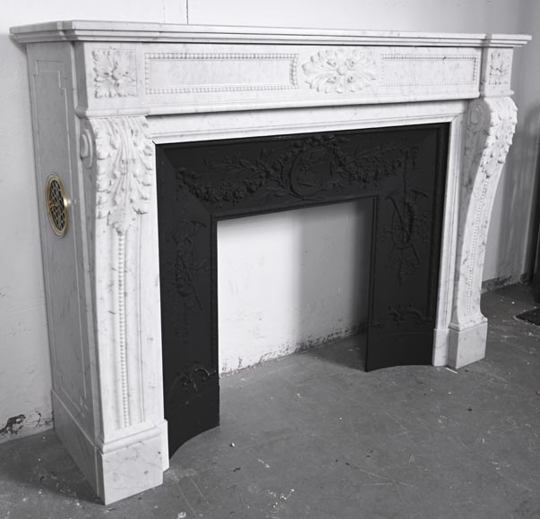 Louis XVI style fireplace with acanthus leaves and beading, in Carrara marble-2