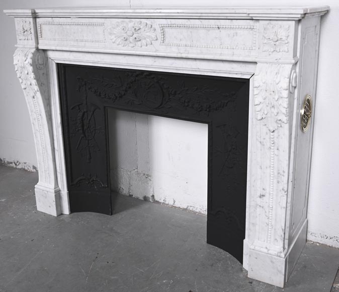 Louis XVI style fireplace with acanthus leaves and beading, in Carrara marble-7