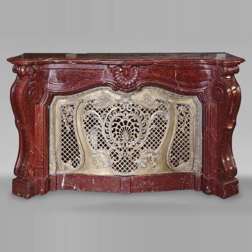 Napoleon III Red Griotte Marble Mantelpiece with Bronze Fire Grate