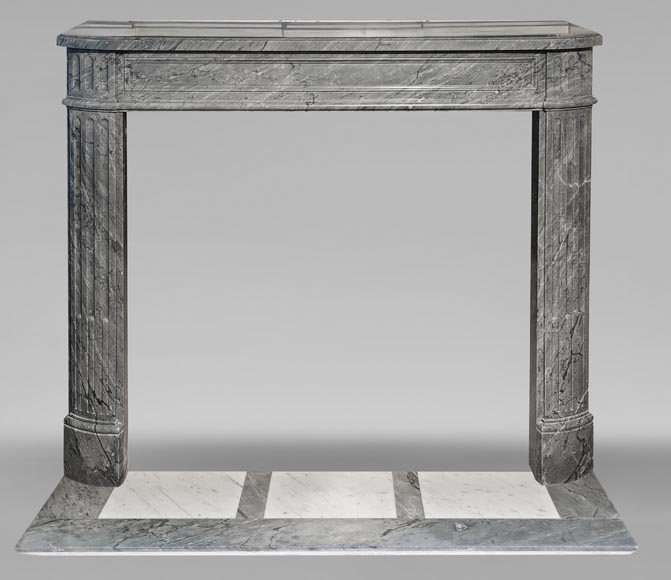 Louis XVI style Bleu Turquin marble fireplace with fluted legs Louis XVI style Bleu Turquin marble fireplace with fluted legs-0