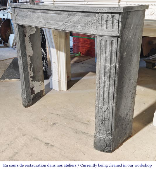 Louis XVI style Bleu Turquin marble fireplace with fluted legs Louis XVI style Bleu Turquin marble fireplace with fluted legs-5