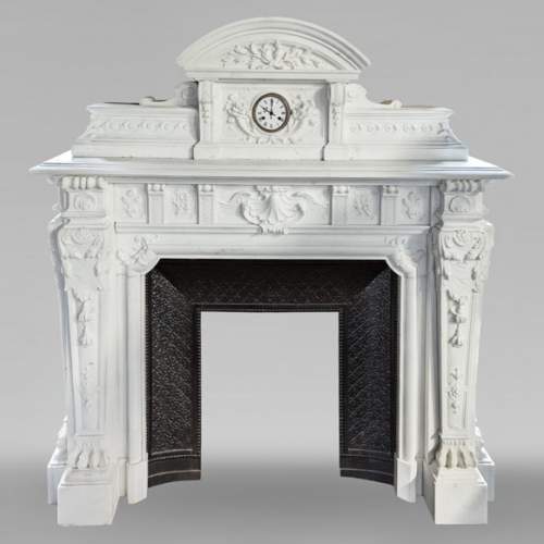Napoleon III style mantelpiece in Statuario Carrara marble, with mantel top including a clock