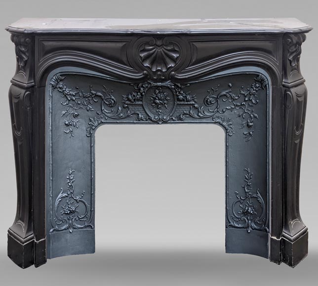 Louis XV style mantel with carved shell in fine black marble-0