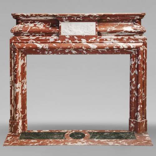 Louis XIV style mantel in Incarnat Turquin marble, decorated by a Poseidon carved in statuary marble